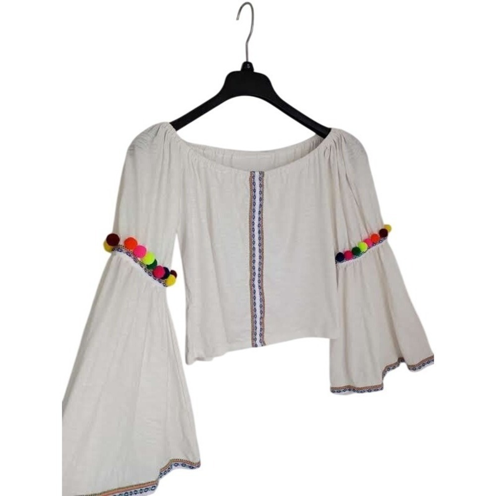 PITUSA White Pima Cotton Pom Pom Bell Sleeve Off Shoulder Boho Crop Top OS $95